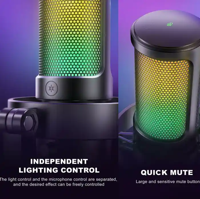 Fifine Ampligame A8 USB microphone with controllable RGB, live monitoring, input dial, pop filter for streaming